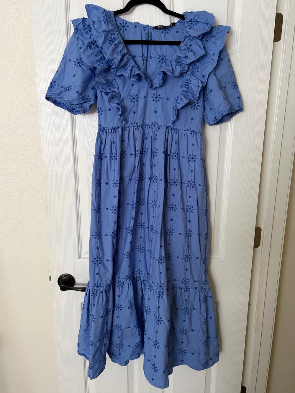 Zara Light Blue Eyelet Print Midi Dress
